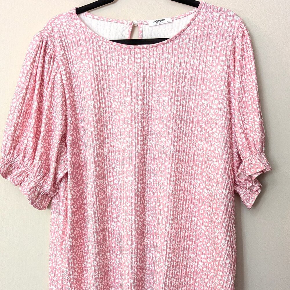 Zeagoo Women's Pink & White Printed Short Sleeve Blouse – Size XXL
